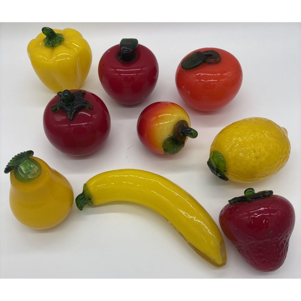Vtg 9pc Hand Blown Art Glass Fruit Vegetable Banana Apple Pear Lemon Strawberry
